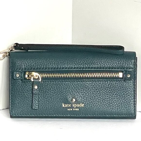 Kate Spade Wristlet Wallet Phone Womens Green Bifold Slim Leather Bifold Tech - Picture 1 of 10